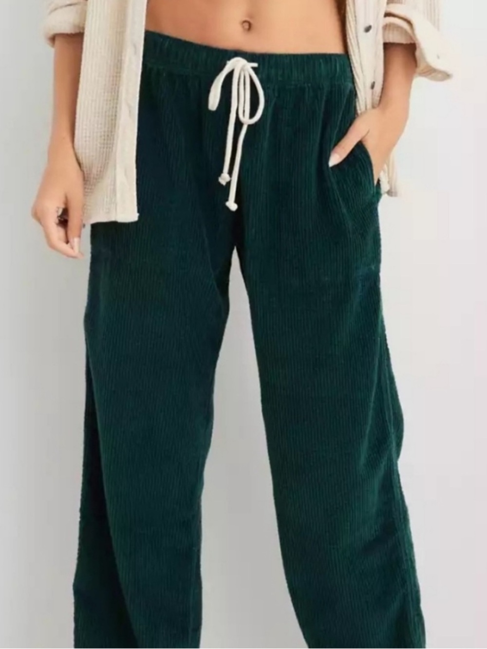aerie Forest Green Corduroy Drawstring Wide-Leg Pants Women’s Size M